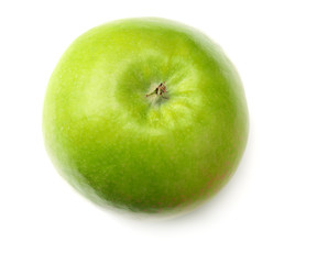 one green apple isolated on white background. top view
