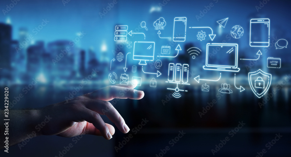 Poster Businessman using tech devices and icons thin line interface