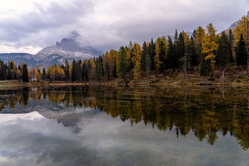 Antorno lake with famous Dolomites mountain peak of Tre Cime di Lavaredo