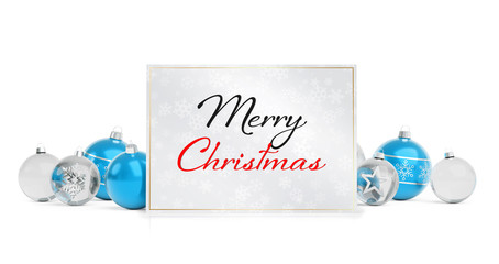Fototapeta na wymiar Christmas card greetings laying on isolated blue white baubles 3D rendering