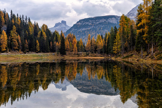 Antorno lake with famous Dolomites mountain peak of Tre Cime di Lavaredo