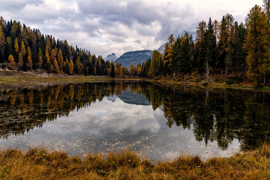 Antorno lake with famous Dolomites mountain peak of Tre Cime di Lavaredo