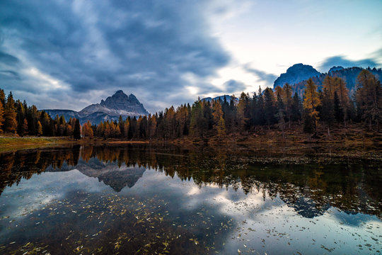Antorno lake with famous Dolomites mountain peak of Tre Cime di Lavaredo