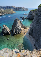 Puglia, Italy, August 2018, a seascape of Tremiti archipelago with Pagliai cliffs in San Domino island and San Nicola island in the background