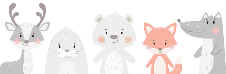 Fototapeta Reindeer, raccoon, seal, wolf, penguin, bear, fox baby winter set. Cute animal illustration obraz