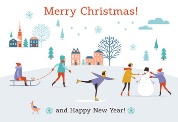 Christmas banner, Winter scene, New Year Greeting card, flat vector illustrations