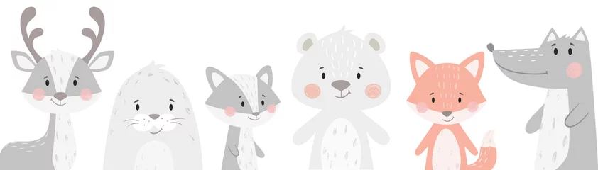 Papier Peint photo Animaux de la forêt Ensemble d& 39 hiver pour bébé renne, raton laveur, phoque, loup, pingouin, ours, renard. Illustration animale mignonne