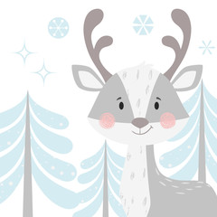 Obraz premium Deer baby winter print. Cute animal in snowy forest christmas card.