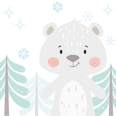 Bear baby winter print. Cute animal in snowy forest christmas card.