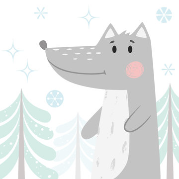 Wolf baby winter print. Cute animal in snowy forest christmas card.