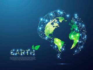 Green ECO planet Earth view from space. Low poly 3d illustration. Vector polygonal Ozone shield in the form of Globe with starry sky, consisting of points, lines, and shapes