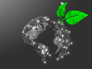Gray planet Earth view from space. Low poly 3d illustration. Vector polygonal Ozone shield in the form of Globe with starry sky, consisting of points, lines, and shapes with green ECO leaf