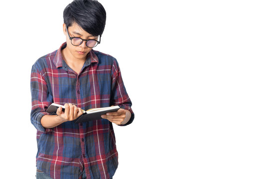 Asian Man In Plaid Shirt Reading A Book Isolated White Background