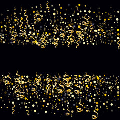 Golden serpentine and confetti on a black background Brilliant design of wallpaper, background, cover, printing, packaging