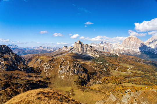 Landscape shot at the Passo di Giau, in the the Italian Dolomites, during autumn time.