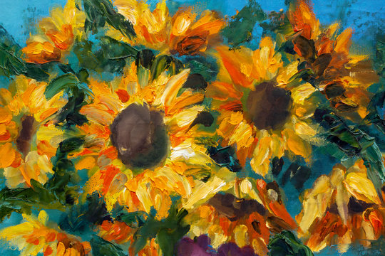 Sunflowers flowers on blue background. Original oil painting of sunflowers on canvas. Modern Impressionism.
