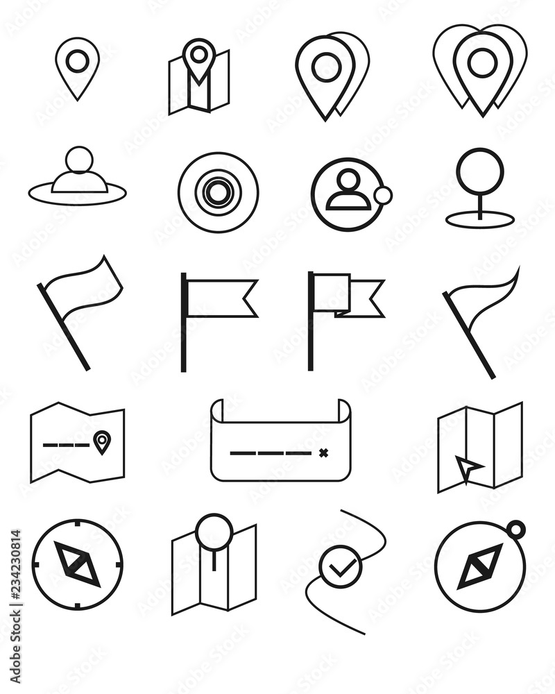 Poster set map marker line logo.black map pin symbol for web design and mobile app on white background.