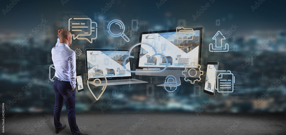 Poster businessman in front of a devices connected to a cloud multimedia network 3d rendering