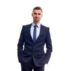 business, people and office concept - happy smiling businessman in suit