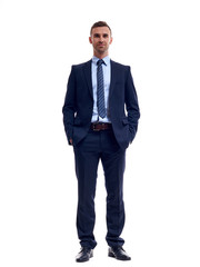 business, people and office concept - happy smiling businessman in suit