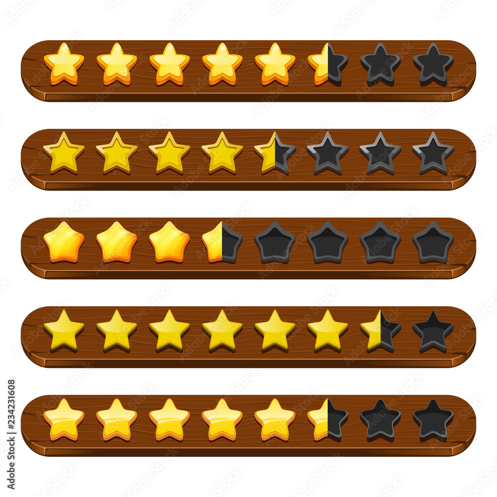 Aufkleber stars and ribbons gui. mobile game status bar symbols and colored menu vector items. illustration of