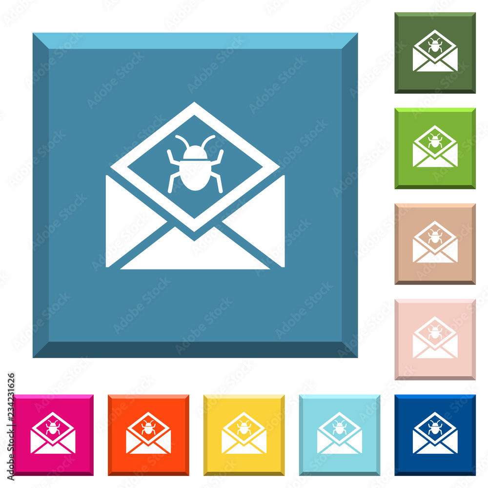 Poster open mail with malware symbol white icons on edged square buttons