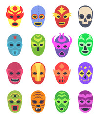 Wrestler masks. Mexican martial fighters sport clothes colored lucha libre masked vector collection. Illustration of wrestler mask, mexico entertainment culture - obrazy, fototapety, plakaty