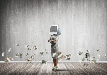 Business woman with monitor instead of head.