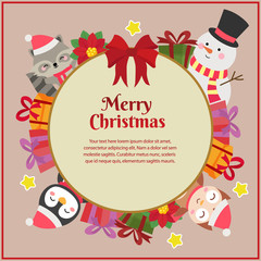 cute merry christmas with ribbon and animal characters