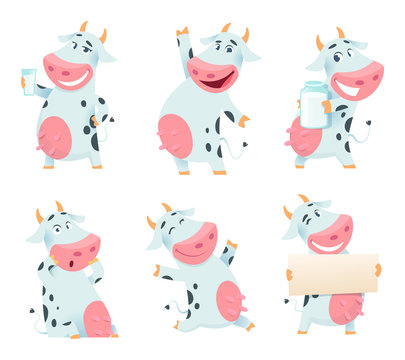 Milk cow animal. Cartoon farm character eating and posing cows mascots isolated. Illustration of farm animal cow cartoon, domestic character farming