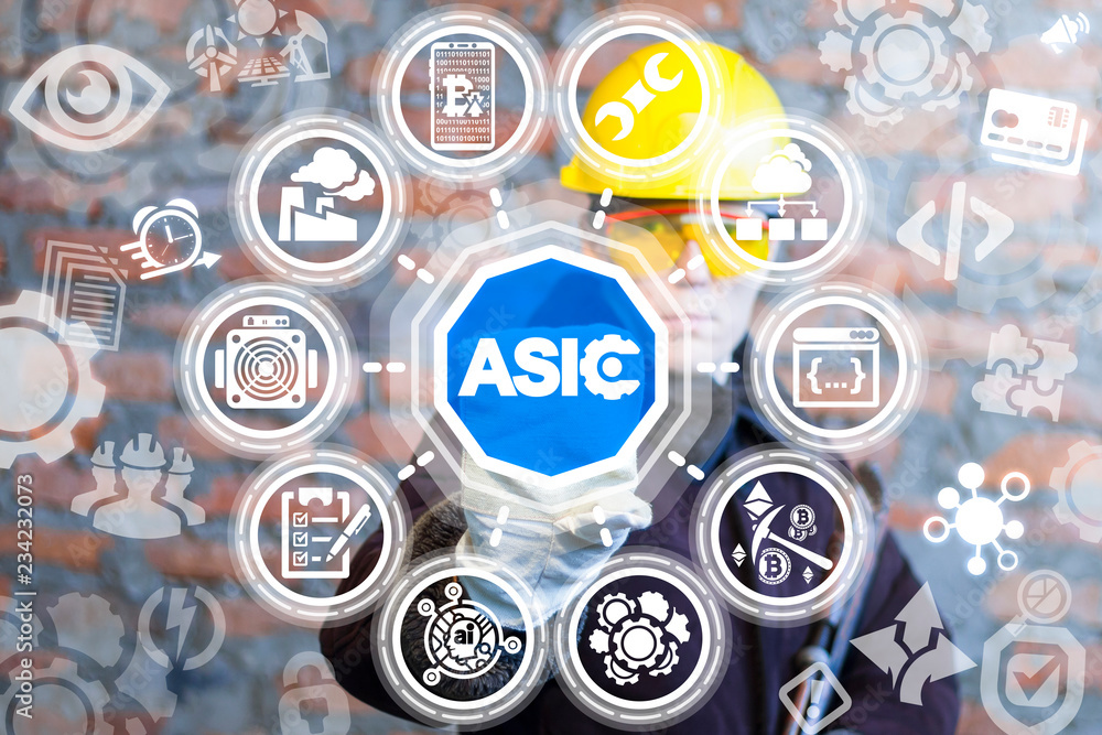 Poster engineer pushing a asic text button on a virtual panel. industrial mine crypto currency production. 