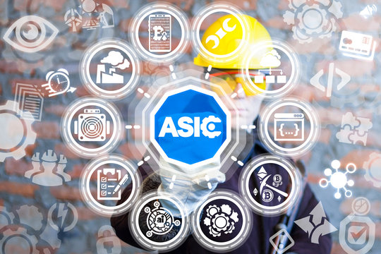 Engineer pushing a asic text button on a virtual panel. Industrial mine crypto currency production. Digital money bitcoin mining farm.