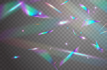 Holographic falling confetti isolated on transparent background. Rainbow iridescent overlay texture. Vector festive foil hologram tinsel with bokeh light effect and glare glitter. - obrazy, fototapety, plakaty