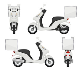 Moto bike realistic. Views of scooter for delivery service auto top side back vector 3d transport isolated. Scooter urban transport, speed drive transportation illustration