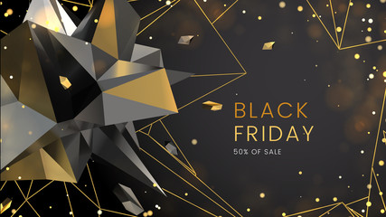 Black friday, sale abstract dark background with polygonal shapes, contours and glare, can be used for e-commerce, advertising campaign and typography. Vector illustration