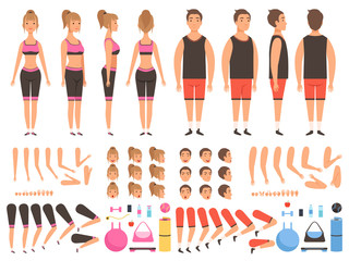 Sport people animation. Fitness male and female workout mascots body parts vector creation kit. Illustration of people girl and boy body, trainer creation man and woman physical strong