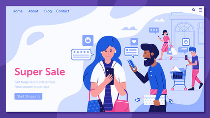 Naklejka na ściany i meble Online shopping sale landing page with happy customers sharing positive feedback and experience. Internet store marketing and advertising banner with people on shopping sending good reviews.