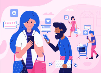 Happy buyers and customers sharing positive feedback and experience of successful shopping. E-commerce marketing and advertising concept illustration with people on shopping sending good reviews.