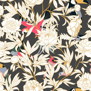 Seamless pattern with peonies and parrots weaving together. Bright tropical pattern, flowering peonies, and birds. white peonies on dark