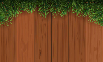 Christmas with fir branch border frame on top of brown wooden background. Vector illustration for greeting card.
