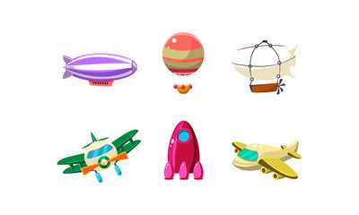 Cute cartoon aircrafts bright colors set, blimp, biplane, rocket, hot air balloon vector Illustration on a white background © topvectors