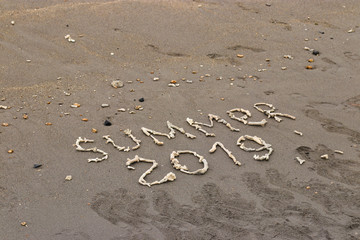 The inscription on the sand laid out of corals. Summer 2019 travel concept. With copy space for text