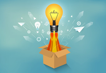 lightbulb ejected from box brown isolated from blue background. startup business success concept. think outside the box. creative idea. leadership. cartoon vector illustration
