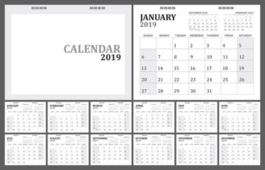 Calendar 2019 Trendy Minimalist Style. Set of 12 pages desk. minimal calendar planing vector design for printing template