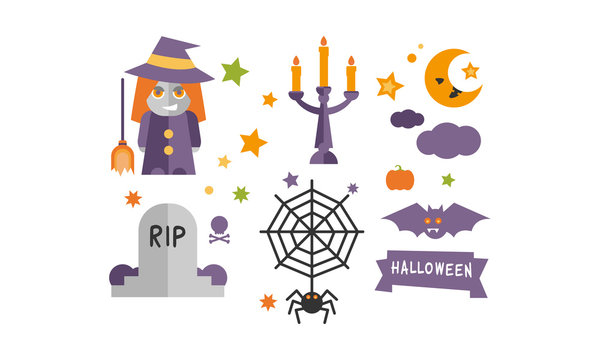 Halloween icons set, witch, candlestick with burning candles, cobweb and spider, gravestone, bat vector Illustration