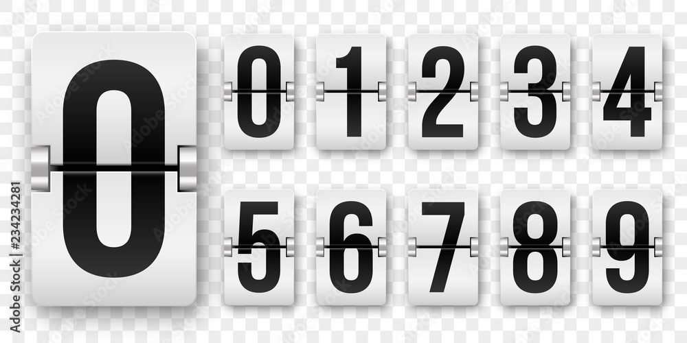Poster countdown numbers flip counter. vector isolated 0 to 9 retro style flip clock or scoreboard mechanic