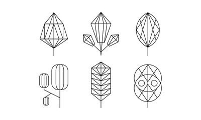 Geometrical trees and leaves set, monochrome polygonal plants vector Illustration on a white background