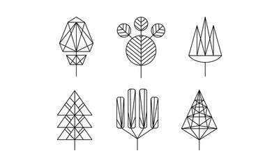 Geometrical trees set, monochrome polygonal plants vector Illustration on a white background