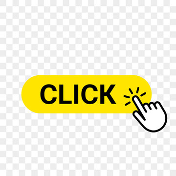 Click web button template. Vector yellow bar, hand finger click here cursor