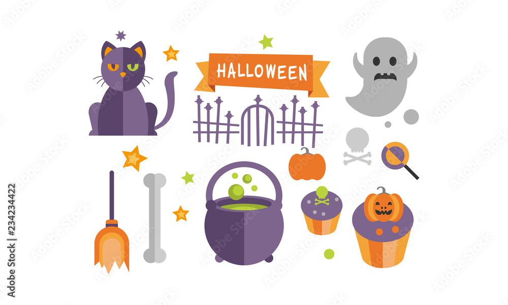 Poster Halloween icons set, cat, ghost, cupcakes, cauldron with potion vector Illustration on a white background